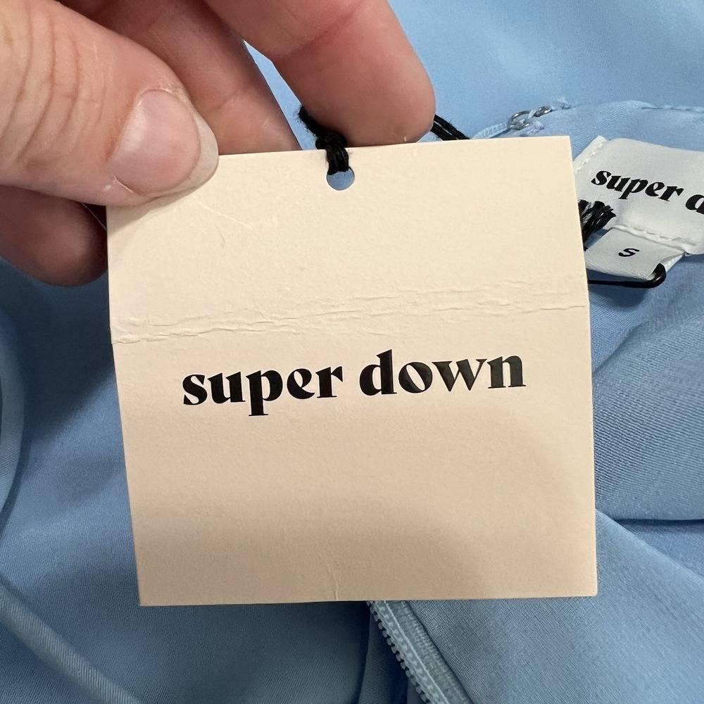 NEW! Superdown Revolve Vivian Deep V Mini Dress Light Blue Size Small Tulip Hem - Picture 8 of 10